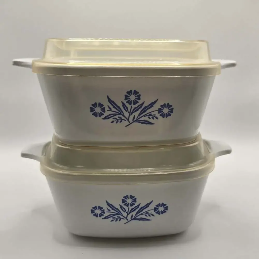 Set of 2 Vintage CorningWare Blue Cornflower P-43-B Casserole Dishes with Lids